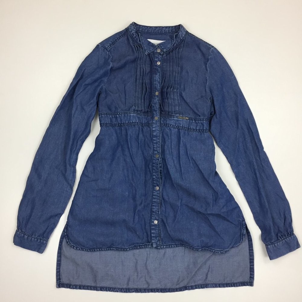 DIESEL Blue Medium Wash Chambray Logo Snap Button Belted Pleats Hi Low Hem Dress